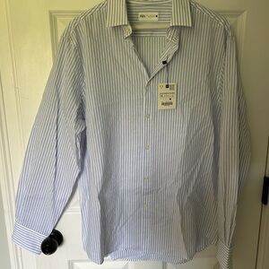 Zara Blue and White Dress Shirt with Pinstripe Design